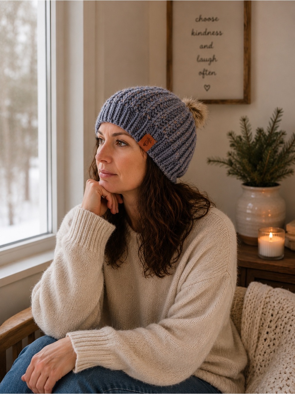 Cozy Ribbed Knit Pom Beanie - Blue